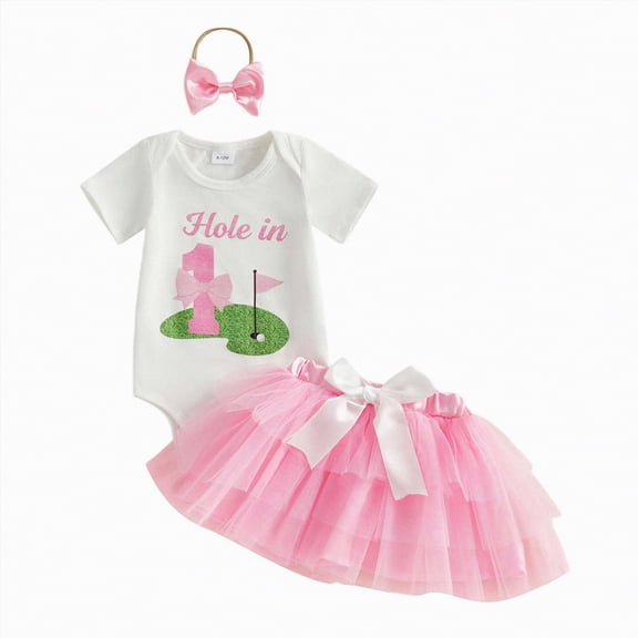 mgoYE Infant Baby Girl First Birthday Outfit Hole in 1 Golf Short Sleeve Romper Bodysuit Mesh Tutu Skirt Headband Set(Red,12-18 Months)