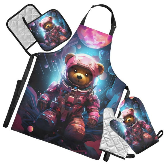 Bear Astronaut with Moon 5 Pcs Kitchen Set Heat Resistant Oven Mitts and Non-Slip Pot Holders with Adjustable Cooking Apron