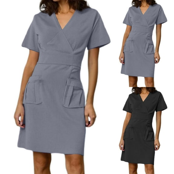 MNCEKFOD Dresses for Women 2478 Short Sleeved V Neck Scrubs Dress A Line High Waisted Work Wear Relaxed Fit Dress Black L