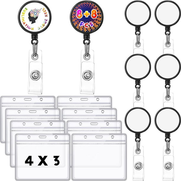 8 Pieces Sublimation Retractable Badge Holder Blank ID Badge Holder  Sublimation Custom Badge Name Badge Reels with 8 Pieces 4 x 3 Card  Protector Sleeve for Office Worker Doctor Nurse Student (Black) 