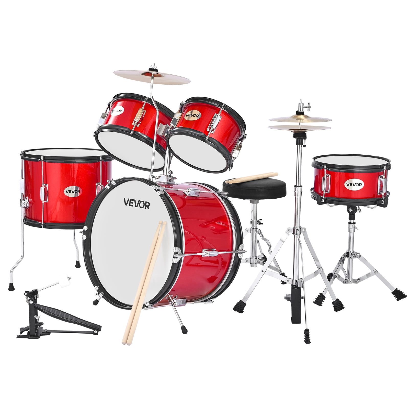 VEVOR Kids Drum Set, 5-Piece 16 in Junior Drum Sets, Beginner Drums Set with Adjustable Throne, Cymbal & Two Pairs of Drumsticks(Red)