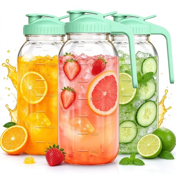 3 Pack Glass Pitcher, 64 oz Glass Mason Jar Pitcher with Lid & Spout, Leak-proof Wide Mouth Jug for Cold Brew Coffee, Milk, Sun Tea, Juice, Green