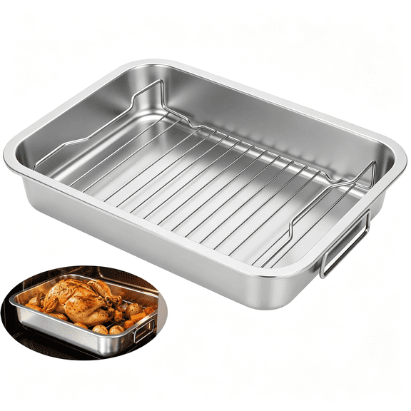 ACDANC Stainless Steel Roasting Pan with Rack,Heavy Duty Broiler Pan with Rack for Oven,High Sided Baking Tray for Turkey