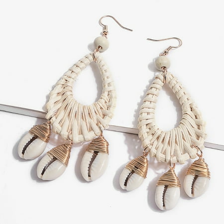 Designer Tiffany Style Earrings Women Earrings Handmade Ocean Style Rattan Weave Sea Shell Earrings Boho Earrings white-A ()