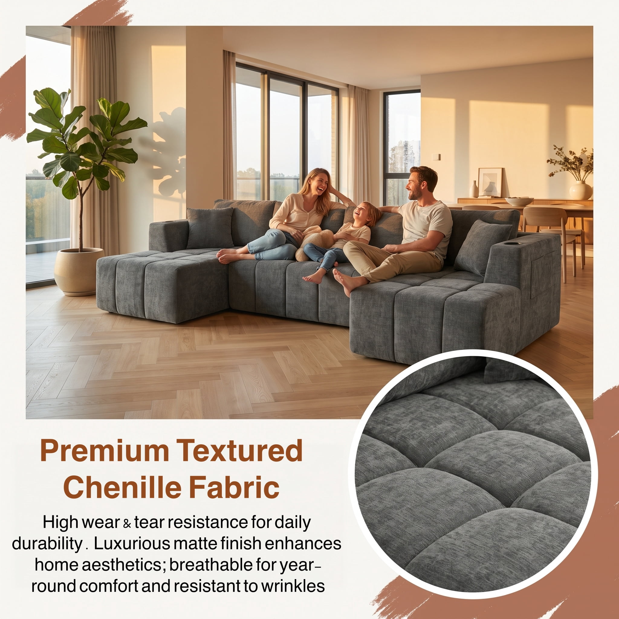 ShiKeyi 132.5" Modern U-Shaped Modular Sectional Sofa with Double Chaise, Premium Chenille Fabric Cloud Couch Set with Cup Holders & Storage Pockets for Living Room, Dark Gray