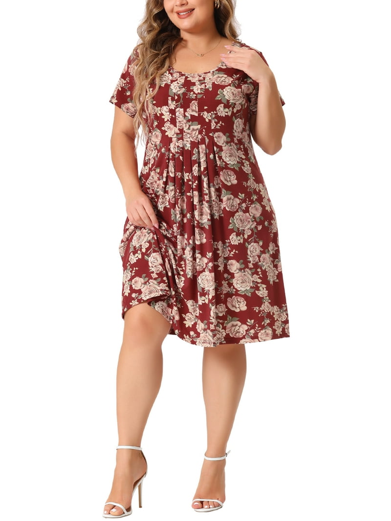 NOMADIC NOOK Women's Plus Size Short Sleeve Casual Comfortable Babydoll  Pleatd Floral Midi Dress Burgundy/Navy Blue/Pink 1X - Walmart.com