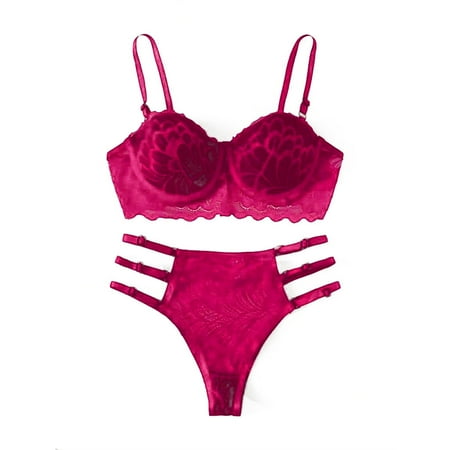 Puawkoer New Sexy Fashion Lace Lingerie Set Plus Size Lingerie Underwear Sleepwear Steel Lace Bras for Women Set Ring Pajamas Garter