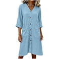 thumbnail image 5 of Zynoxe Womens Cotton Linen Dresses Summer V-neck 3/4 length sleeve Button Down Midi Dresses Lounge Peasant Gauze Business Work Dresses with Pockets Light Blue S, 5 of 7