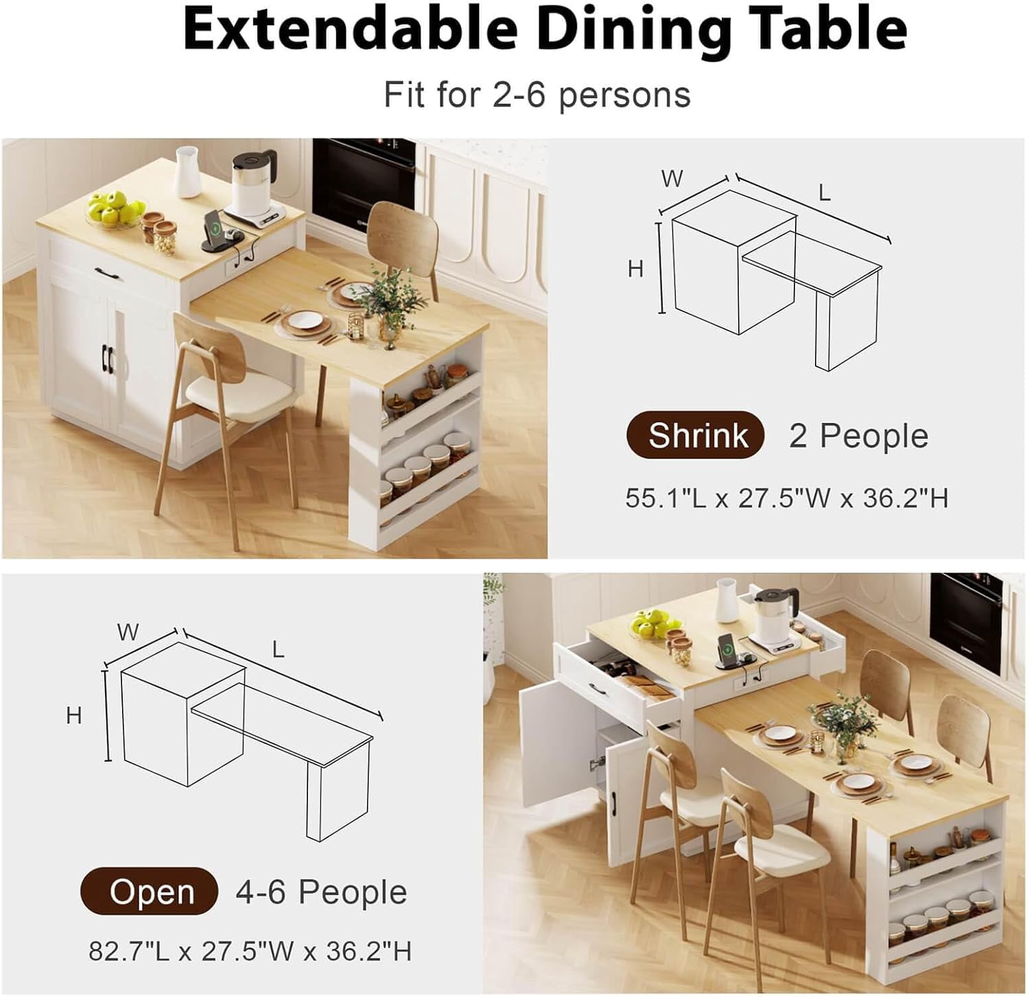 Kitchen Island with Storage and Seating, Extendable Dining Table for 4-6, Large Kitchen Island with Drawers, Cabinet and Shelves, Built-in Power Outlet, Faux Marble Top (Wood)