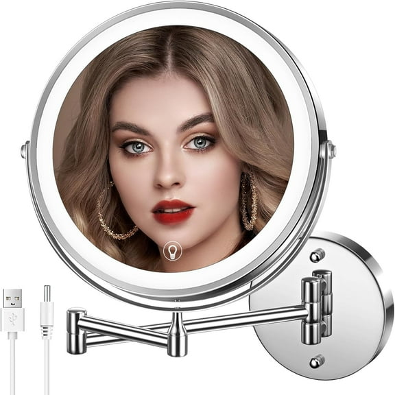 Wall Mounted Lighted Makeup Mirror, 8" Rechargeable Double-Sided Light up Magnifying Mirror 1x/10x, 3 Colors Led Vanity Mirror with Lights, Touch Dimmable 360° Rotation Foldable