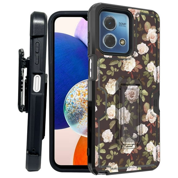 ANJ Rugged Shockproof Kickstand Hybrid Case with Card Slot and Holster Tempered Glass Cover for Motorola Moto G Stylus 5G (2023) - Classic Roses