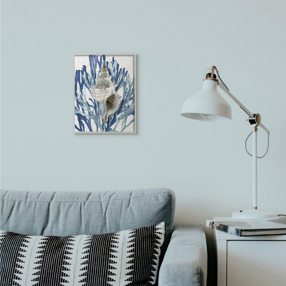 Stupell Industries Tower Shell Coral Blue Beach Design Framed Wall Art Print by Caroline Kelly