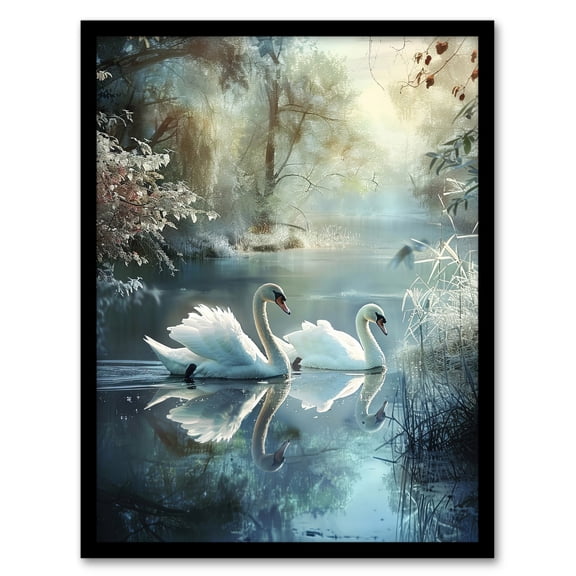 Artery8 Graceful Swans Tranquil Winter Lake Painting Living Room Art Print Framed Poster Wall Decor 12x16 inch