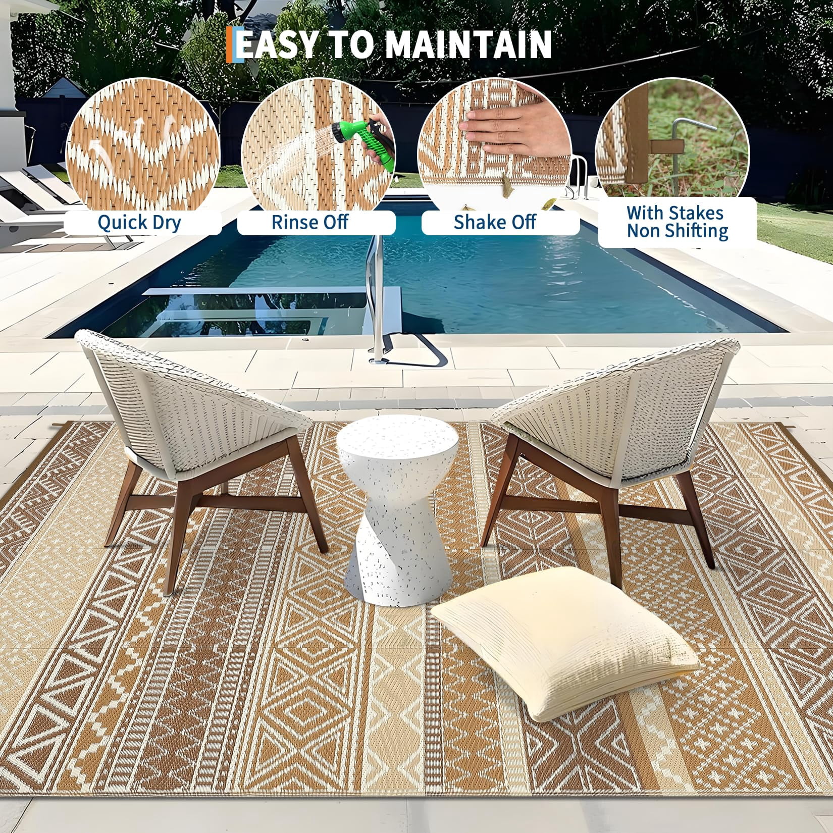 Waterproof & Reversible Outdoor Rug – Durable Patio Carpet for Camping, RV, Deck, Picnic, Porch, Backyard – Lightweight, UV & mark Resistant