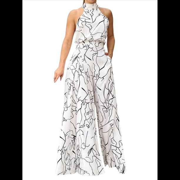 Elegantes para Mujer, para Fiestas de Noche, Invitadas de Boda, Grandes, Sin Mangas, Pantalones Largos de Pierna L