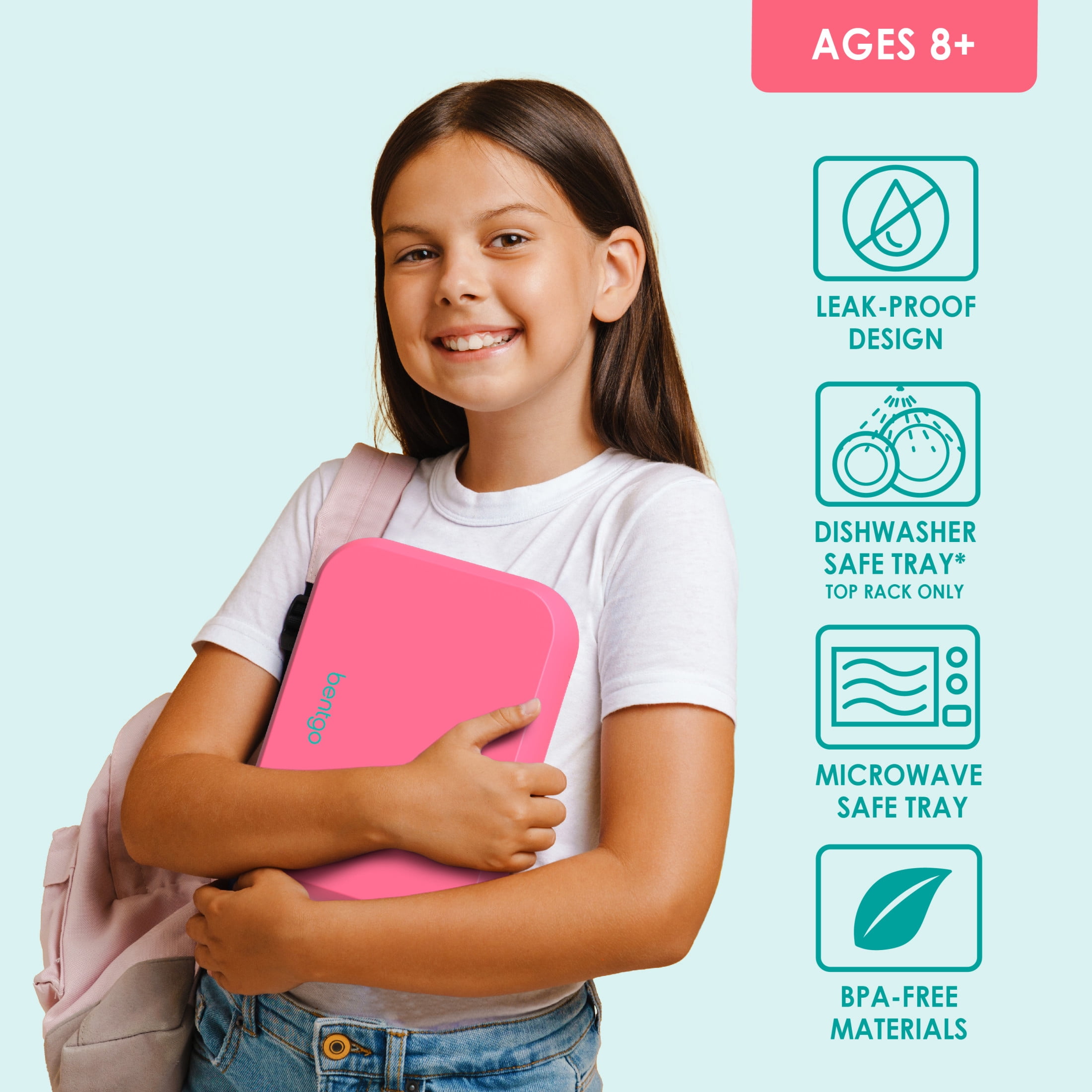 Bentgo® Pop - Leak-Proof Lunch Box & Removable Divider for Ages 8+ & Teens - Lunch Container Holds 5 Cups of Food; 3-4 Compartments; Microwave/Dishwasher Safe; 2 Year Warranty (Bright Coral/Teal)