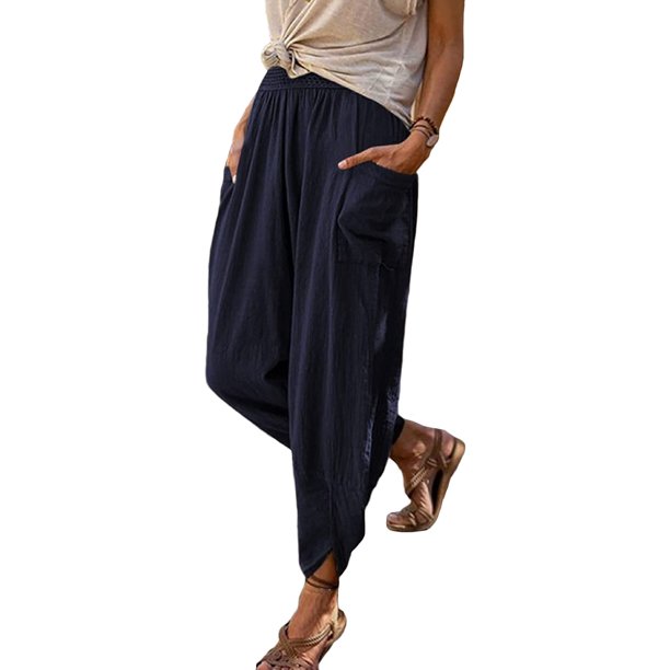 DabuLiu Women's Comfy Smocked High Waist Taper Leg Linen Blend Loose