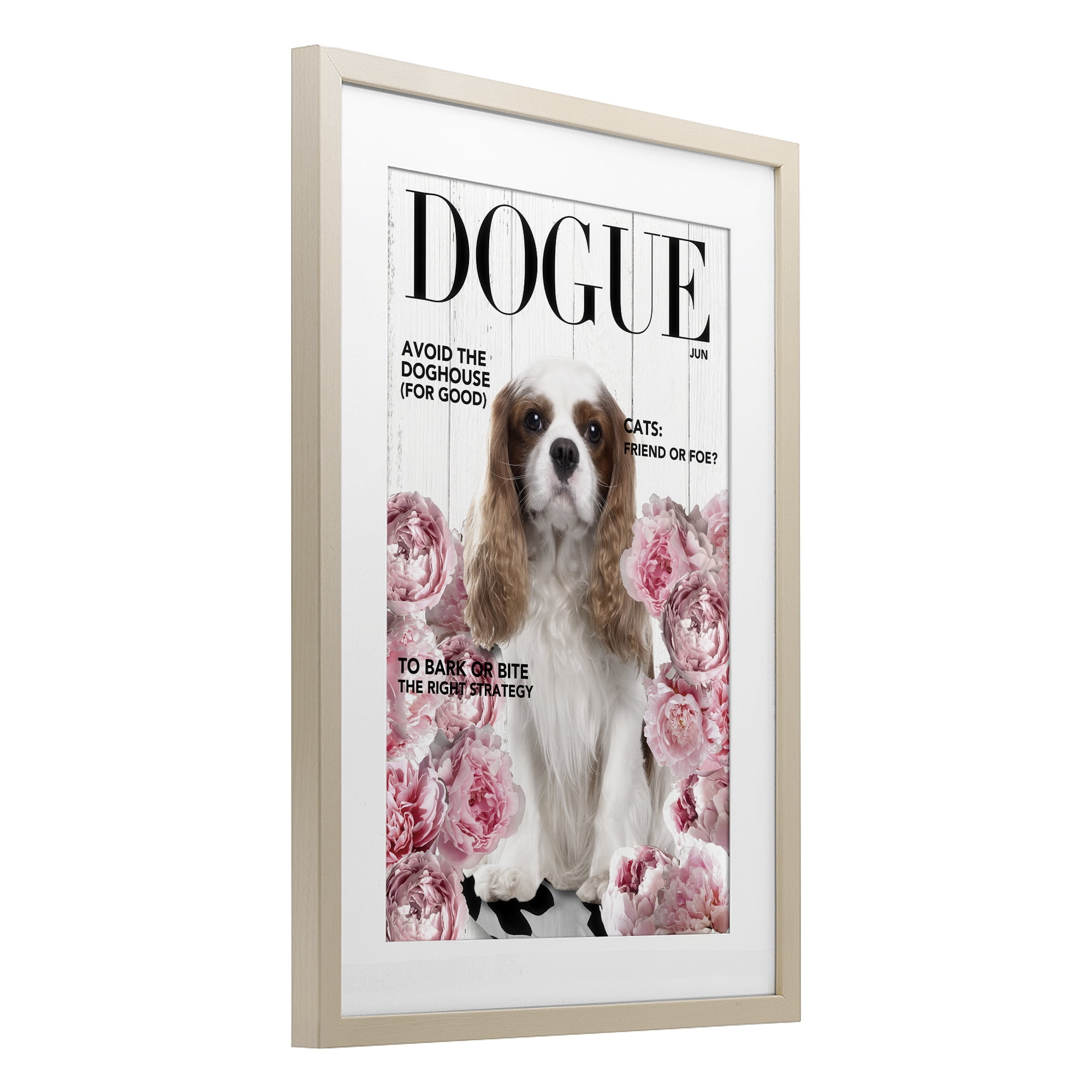 Funny Floral Dog Magazine Birch Framed Print Under Glass, design by Sasha