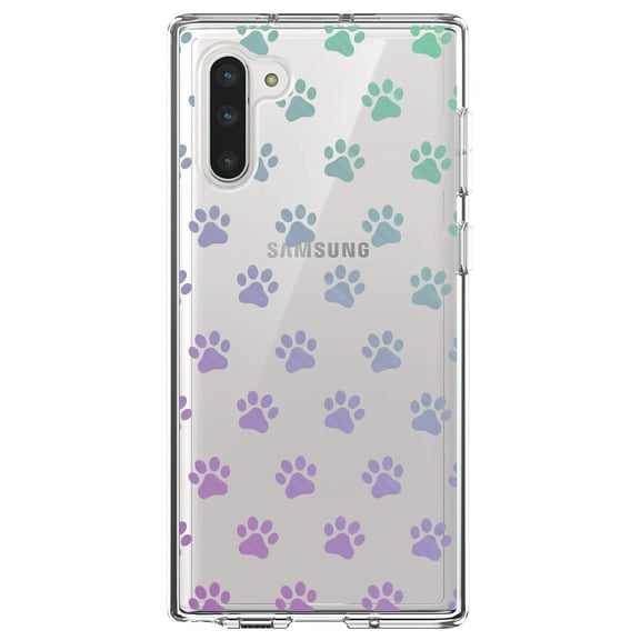 DistinctInk Clear Shockproof Hybrid Case for Samsung Galaxy Note 10 (6.3" Screen) - TPU Bumper, Acrylic Back, Tempered Glass Screen Protector - Graident Pawprints - Purple to Green