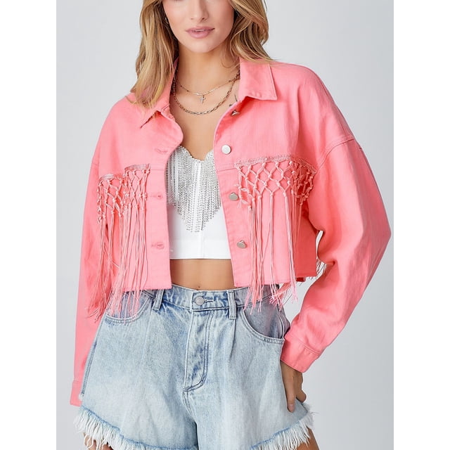 Chaqueta de lentejuelas con borlas para mujer, chaqueta Retro informal con cuello vuelto y un solo pecho para primavera y otoño