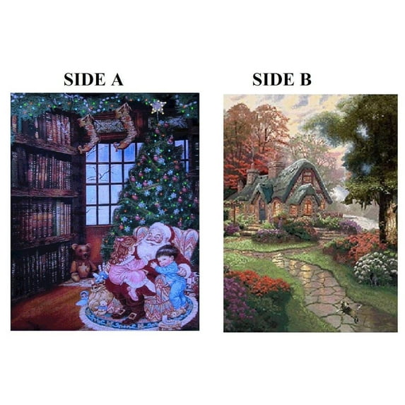 Lightahead? Holiday Memories Doubleside Fiber Optic Santa/Cottage 26*18 inch Tapestry on Wooden pole