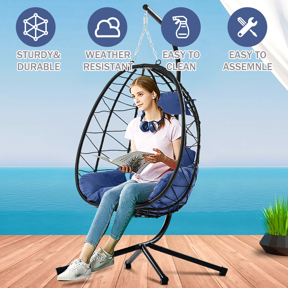 Hanging Wicker Egg Chair with Stand and Dark Blue Cushion, Heavy Duty Steel Frame Resin Wicker Hanging Chair, Outdoor Indoor UV Resistant Furniture Swing Chair with Headrest Pillow, 264lbs - image 3 of 13