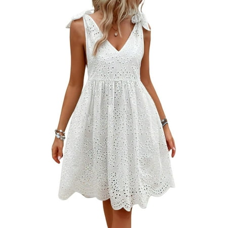 XiaoBanDeng Women s Sexy Spaghetti Strap Eyelet Lace Babydoll Dress A Line Beach Party Short Sun Dress