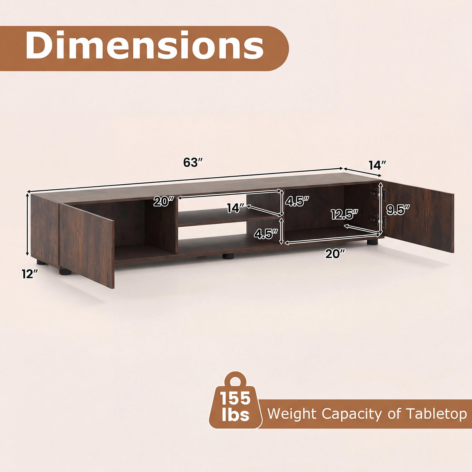 Costway TV Stand for up to 70” TVs, Media Console Table with Double Doors & Open Shelves Rustic Brown
