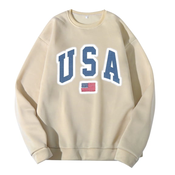 Baqcunre Mens Hoodies Usa Men Women Letter Graphic Print Round Neck Long Sleeve Tops Sweatshirt Sweatshirts For Men Tops For Men Beige L