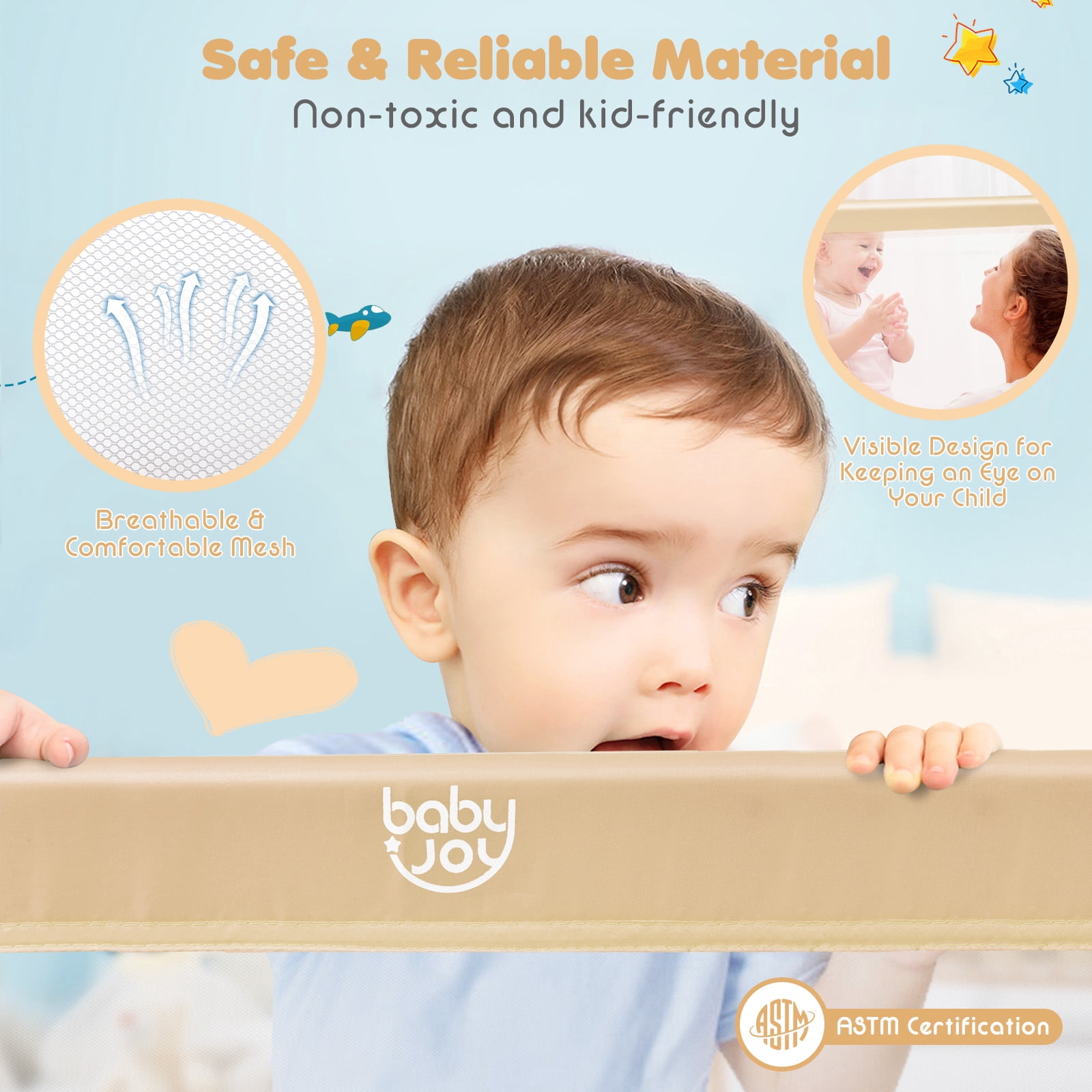 Infans 59" Breathable Baby Children Toddlers Bed Rail Guard Safety Swing Down Beige