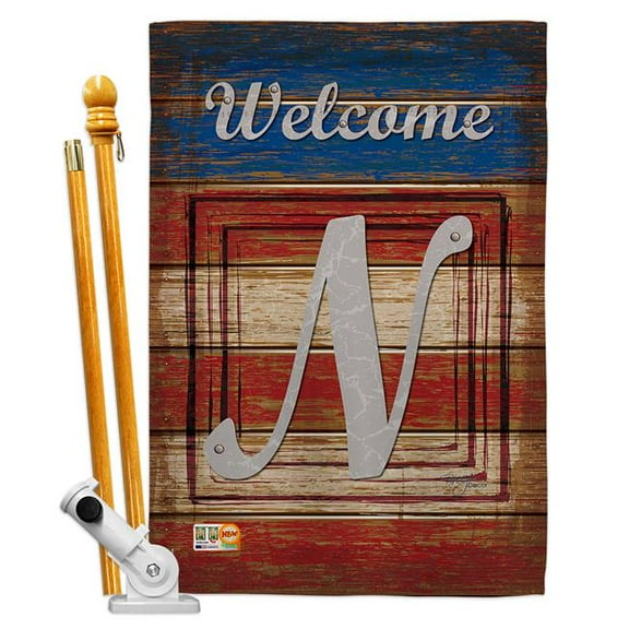 Breeze Decor BD-PA-HS-130118-IP-BO-D-US14-BD 28 x 40 in. Patriotic N Initial Americana Impressions Decorative Vertical Double Sided House Flag Set & Pole Bracket Hardware