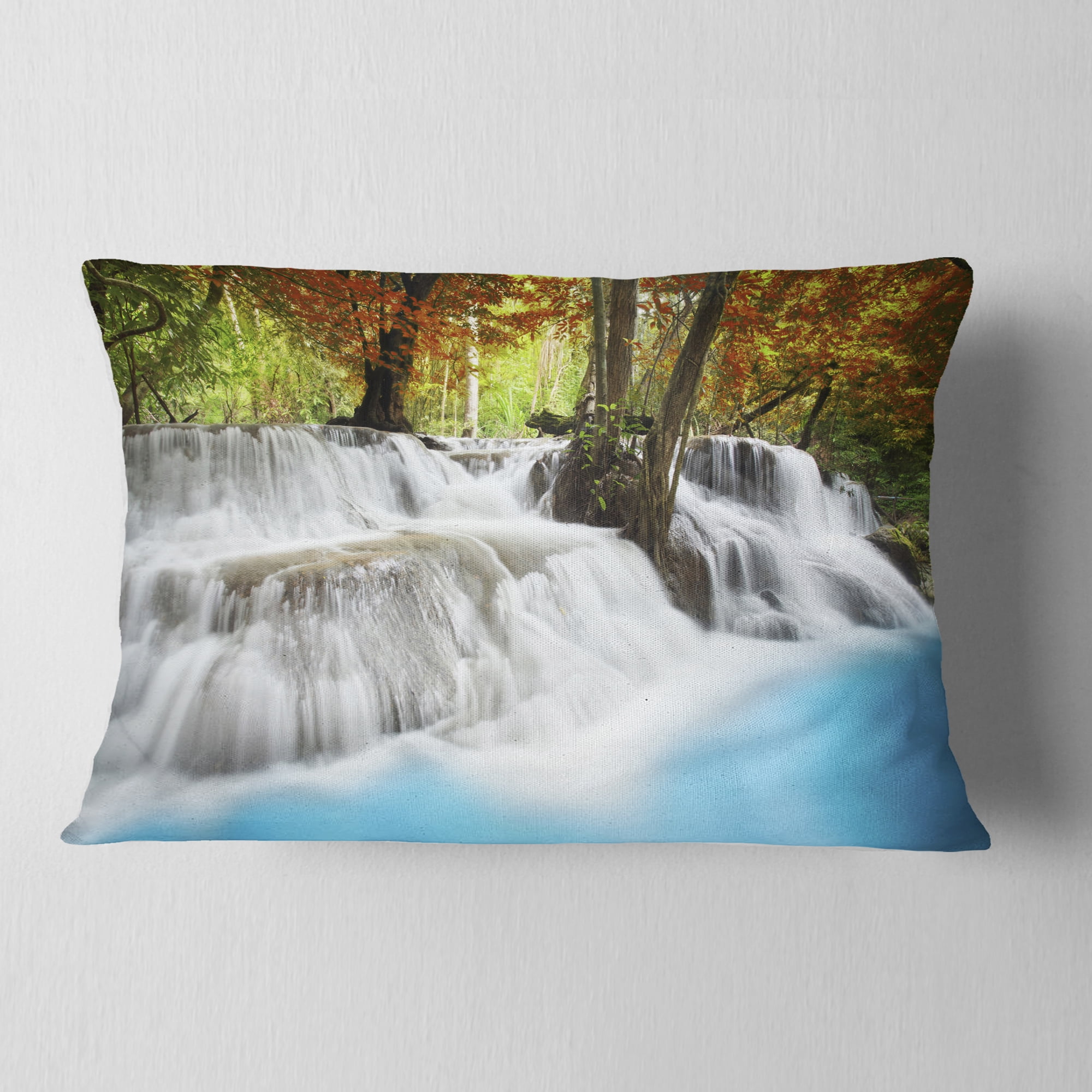 Designart Roaring Erawan Waterfall - Landscape Printed Throw Pillow - 12x20