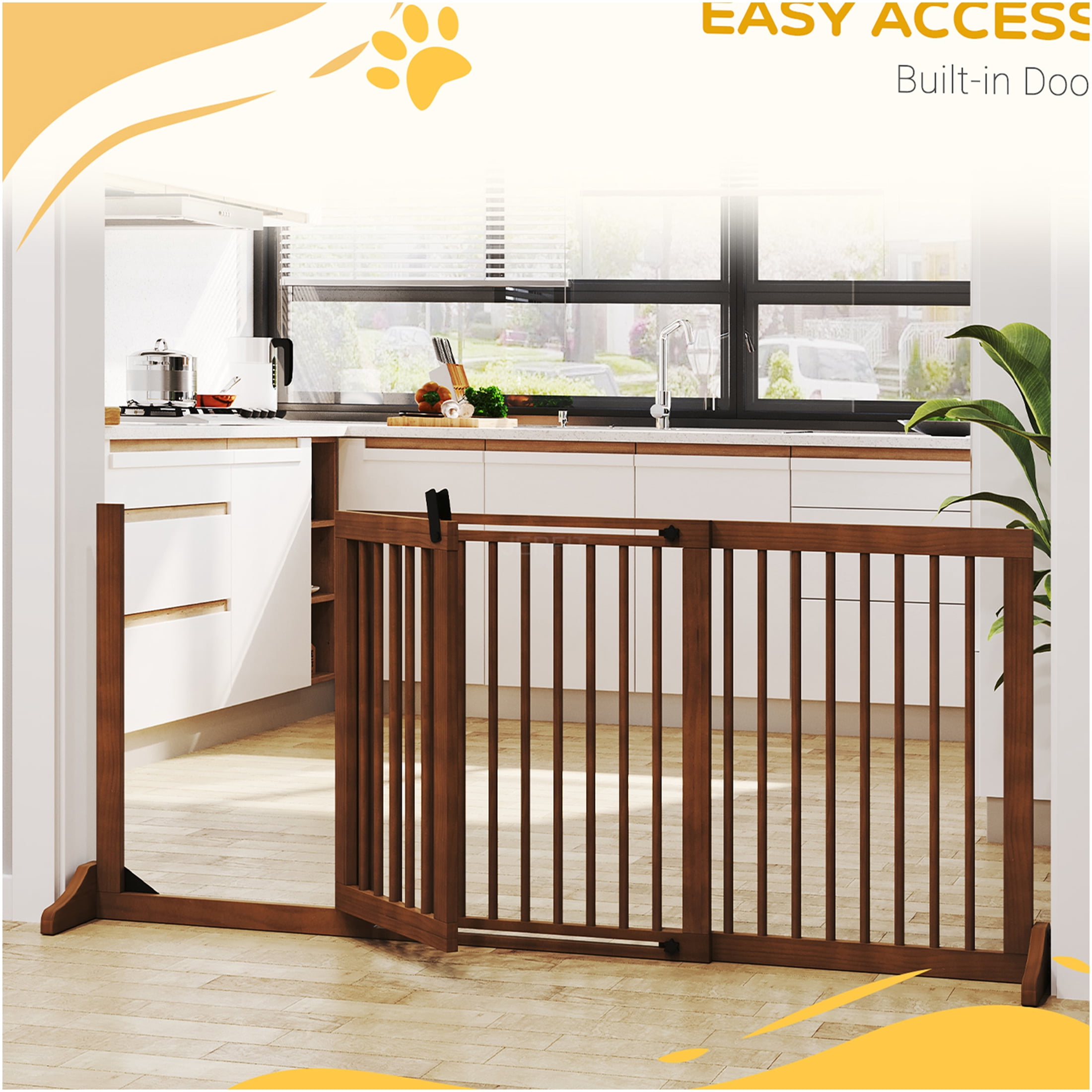 JERFIT Adjustable 3-Panel Freestanding Pet Gate with Locking Door, 44.5"-65.25" L x 28" H, Brown Wood Dog Fence for Doorways & Stairs