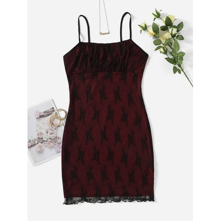 

Maroon Sexy Women s Plus Size Contrast Lace Ruched Bust Cami Dress 2XL(16) Y22003D