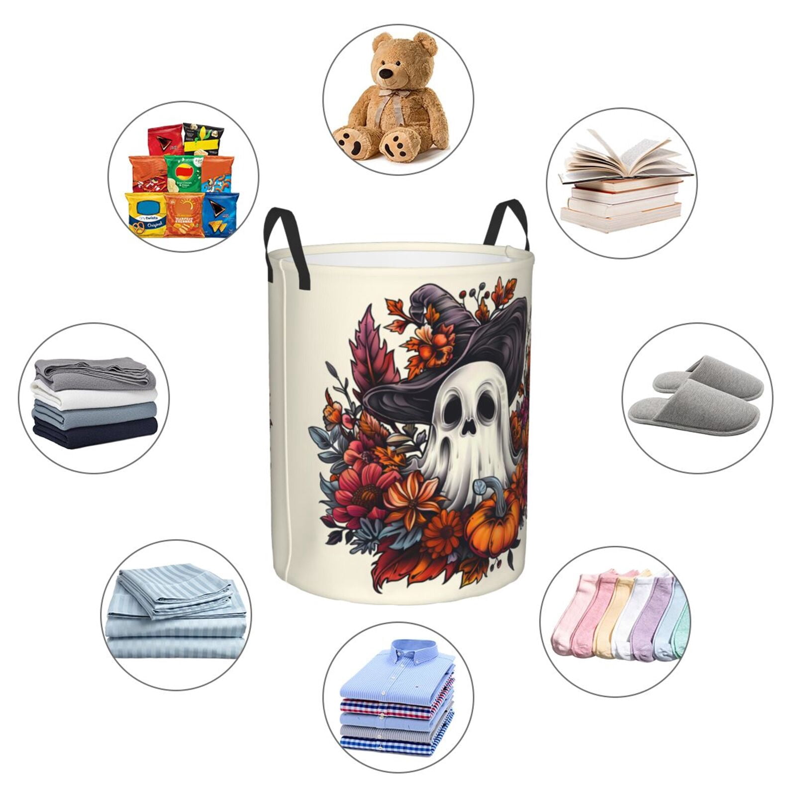 Large Laundry Basket with Handles - Halloween Pumpkin Flower Ghost Kids Baby Dirty Clothes Laundry Hamper for Bedroom Aesthetic