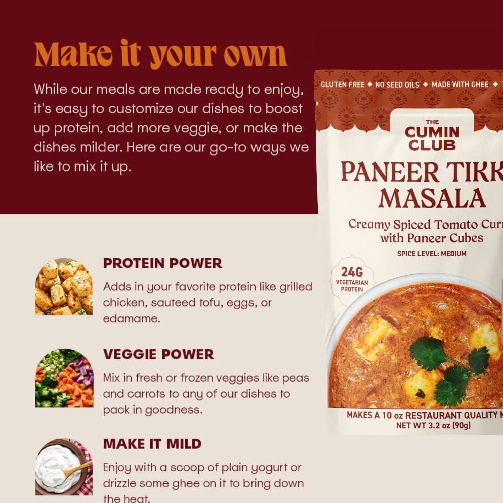(6 pack) The Cumin Club Paneer Tikka Masala - Instant Indian Food - Ready to Eat  - 10oz Meal