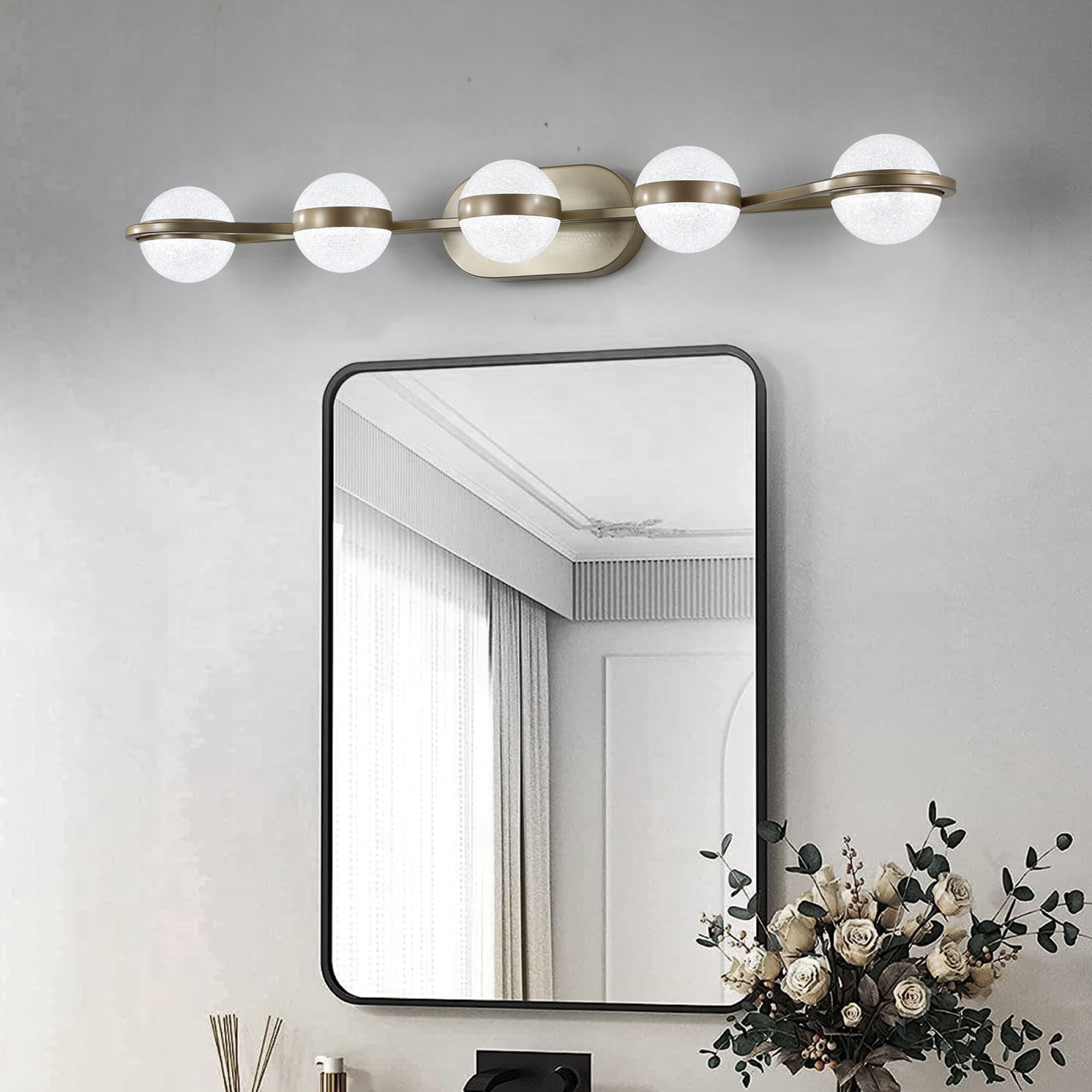 Jopath Bathroom Vanity Light, 5-Light Crystal Sand Acrylic Shades, Wall Mounted Decorative Lighting Fixture for Bathroom Vanity Mirror (Champagne Gold)