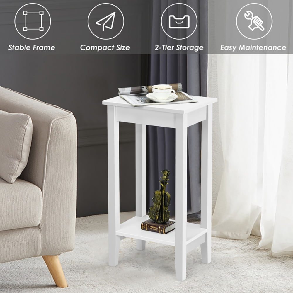 Finihen End Side Table, Bed and Sofa Side Table, 2-Tier Nightstand End Side Wooden Legs Table, for Living Room, Bedroom, White