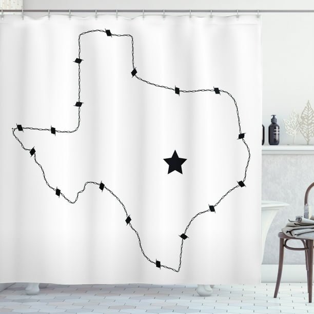 Texas Star Shower Curtain Usa State Map With Barbed Wire Pattern Monochrome Border Control Image Fabric Bathroom Set Hooks 69w X 84l Inches Extra Long Black And White By Ambesonne Texas Star Shower Curtain Usa State, Texas Shower Curtain
