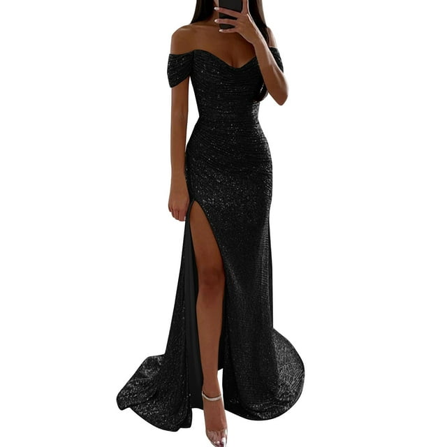 2025 Women's Prom Dress Party Business Casual Dress Sequin Dress Maxi Dress Short Sleeve Pure Color Sequins Spring Fall Winter off Shoulder Winter Dress Wedding Guest Evening Party