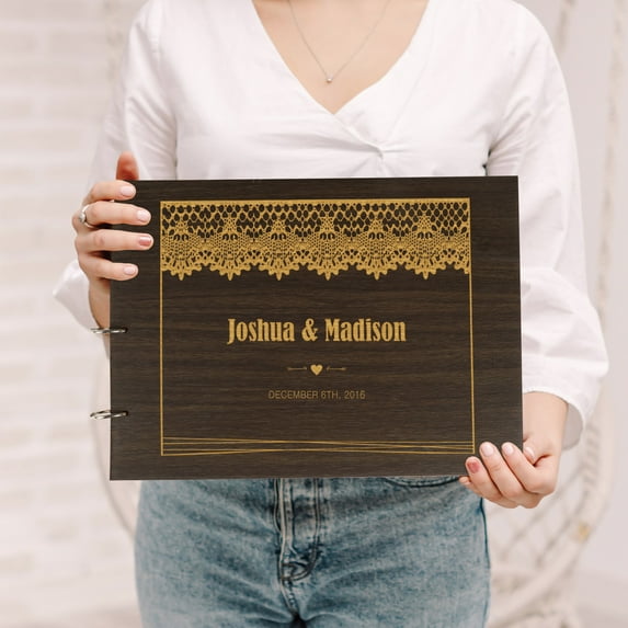 Darling Souvenir Personalized Engraved Laser Cut Wedding Guest Book Wooden Cover Sign-in Book Registry Guestbook Scrapbook-2K