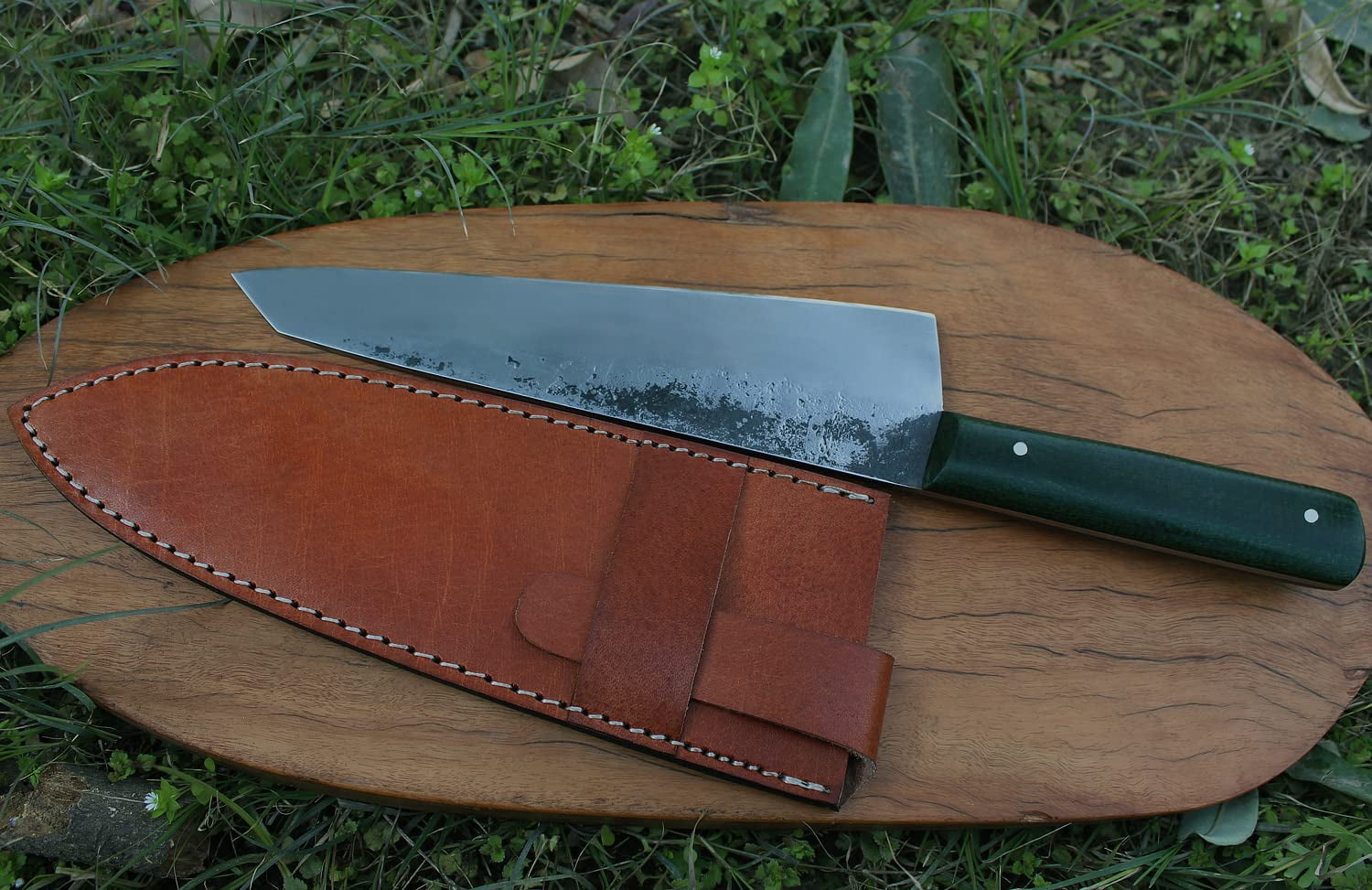 Almazan® Hand Forged Carbon Steel Tantra Chef Knife, Micrata Handle with Leather Sheath