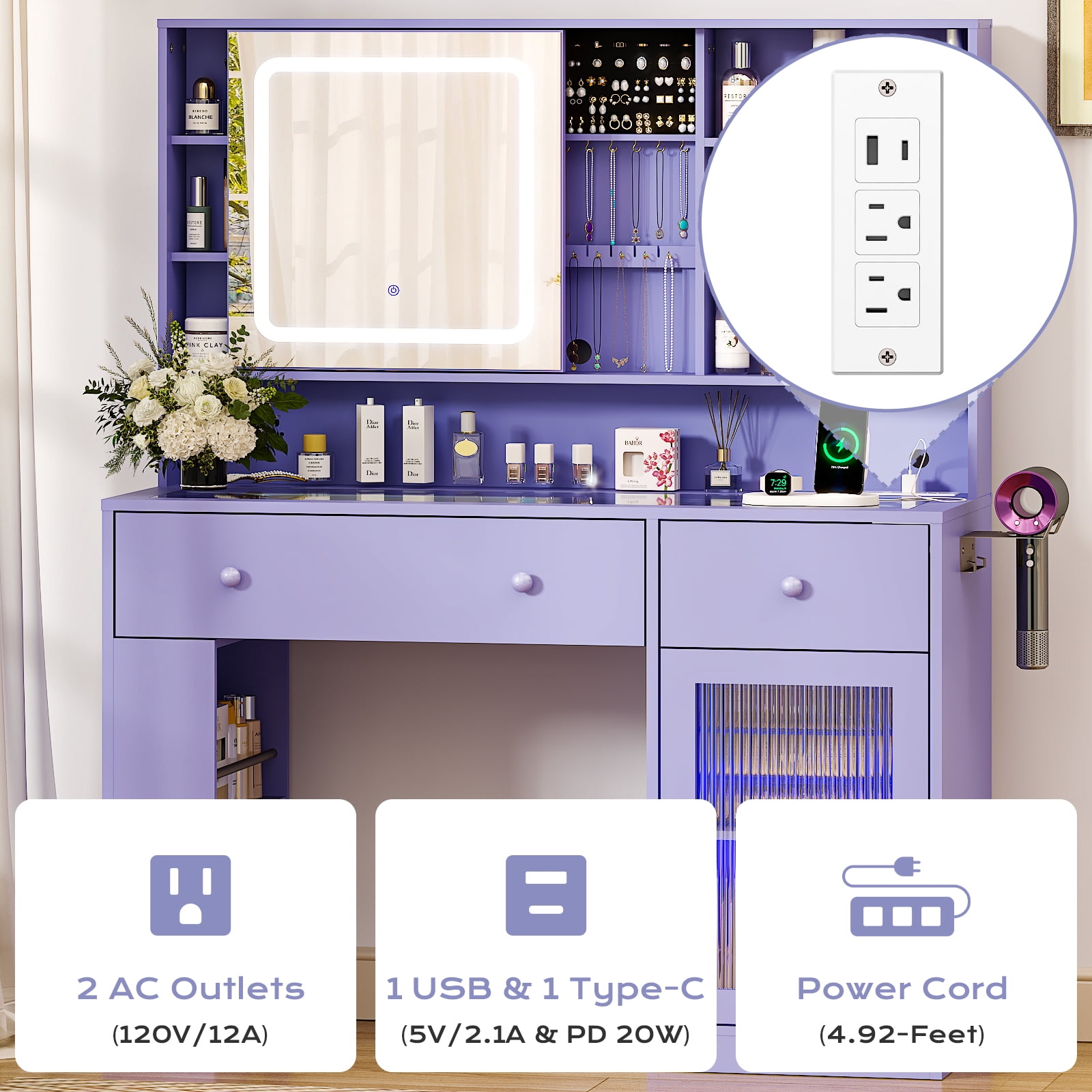 Ktaxon Makeup Vanity with Lighted Mirror,  Vanity Table Set w/ Charging Station, Side Rack, Sophia Purple