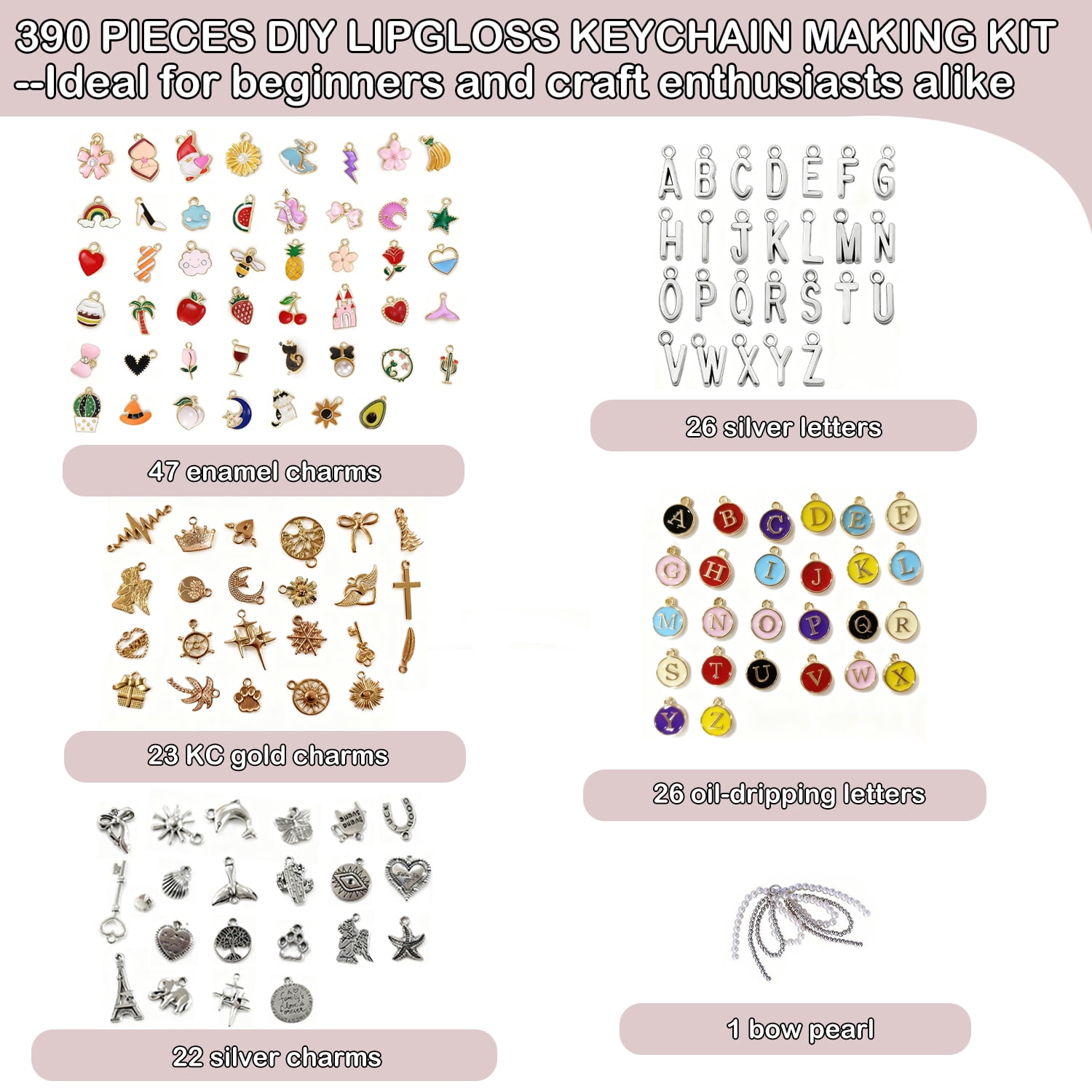 390 Charms Lip Gloss Keychain Making Kit, Including 20 Keychain Clips 25 Extender Chain 118 Charms Jewelry Plier, Bag Charm Kit, Keychains Making Supplies for DIY Crafting and Jewelry Making