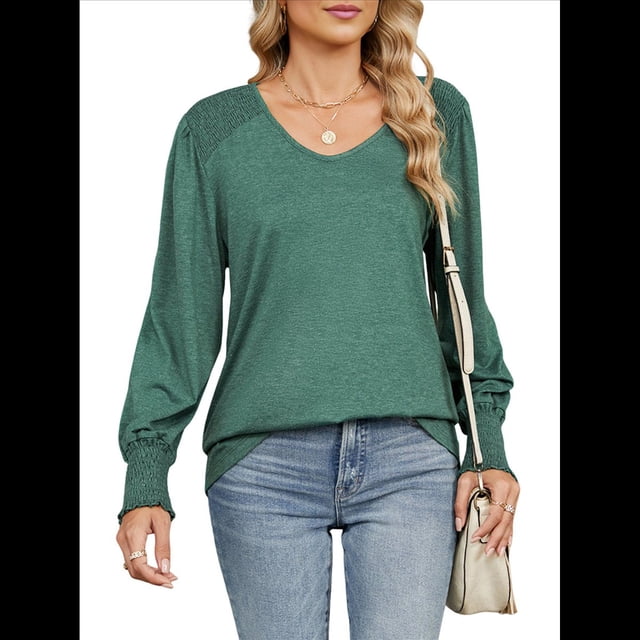Camisas Casuales Holgadas de Larga para Mujer, Blusas Fruncidas con Cuello en V, Blusas de Moda. Verde Oscuro XXL