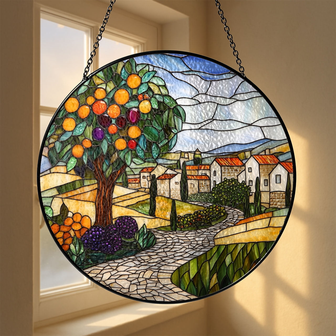 Village Landscape Window Panel, Faux Stained Glass Fruit Tree Design for Country Inspired Decor