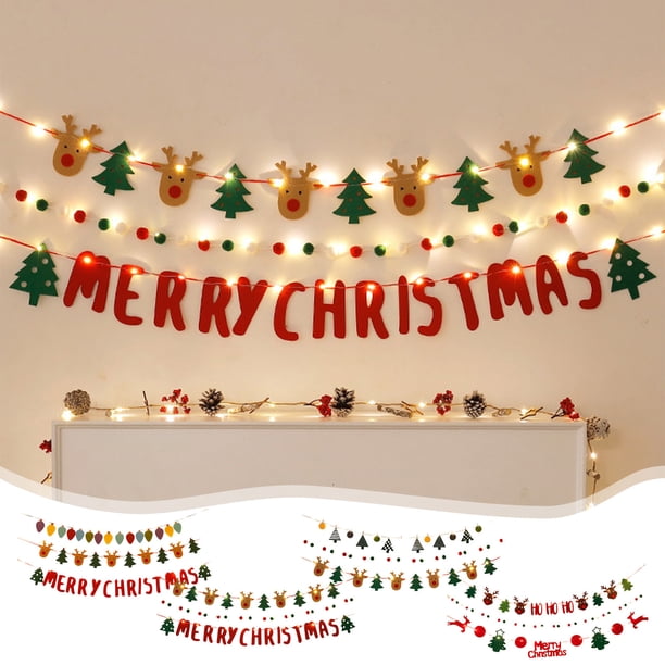 Set de banderas colgantes de banderas navideñas | Guirnaldas de fieltro multicolor 190cm | Decoración de ventanas para chimenea | Feliz árbol de Navidad, ciervo, estrella | Decoración festiva