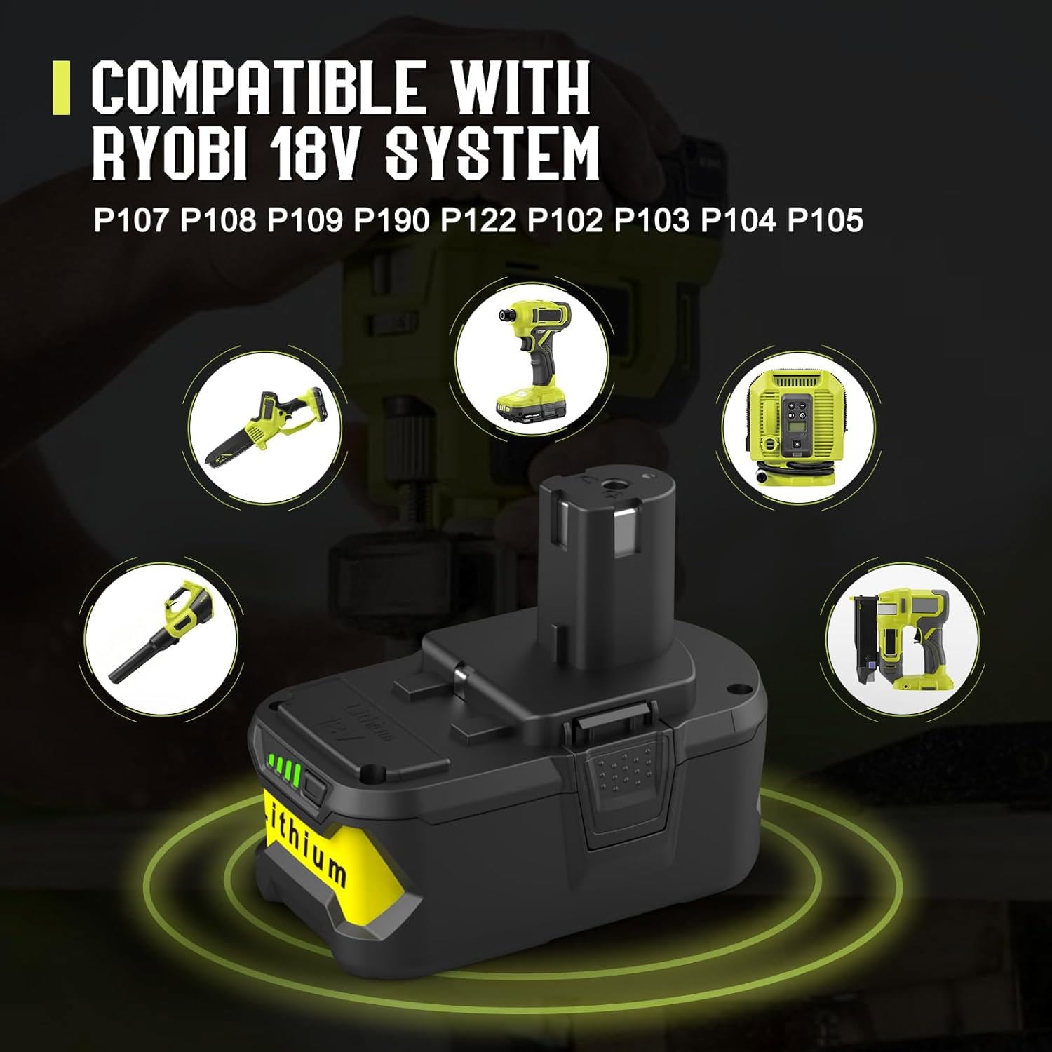P108 8.0Ah Replacement for Ryobi 18 Volt Lithium ion Batteries for Ryobi One 18V Cordless Tools P108 P107 P102