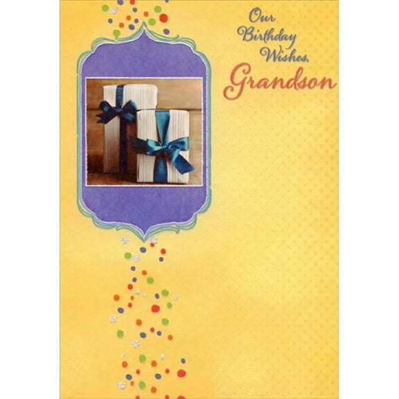 Designer Greetings Two Presents in Purple Frame on Yellow Birthday Card for Our Grandson