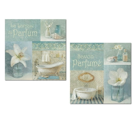 Blue Fabric Poster (Lovely Teal and Light Blue French Clawfoot Bathtub and Floral Set by Danhui Nai; Bathroom Decor; Two 12x12in Unframed Paper)